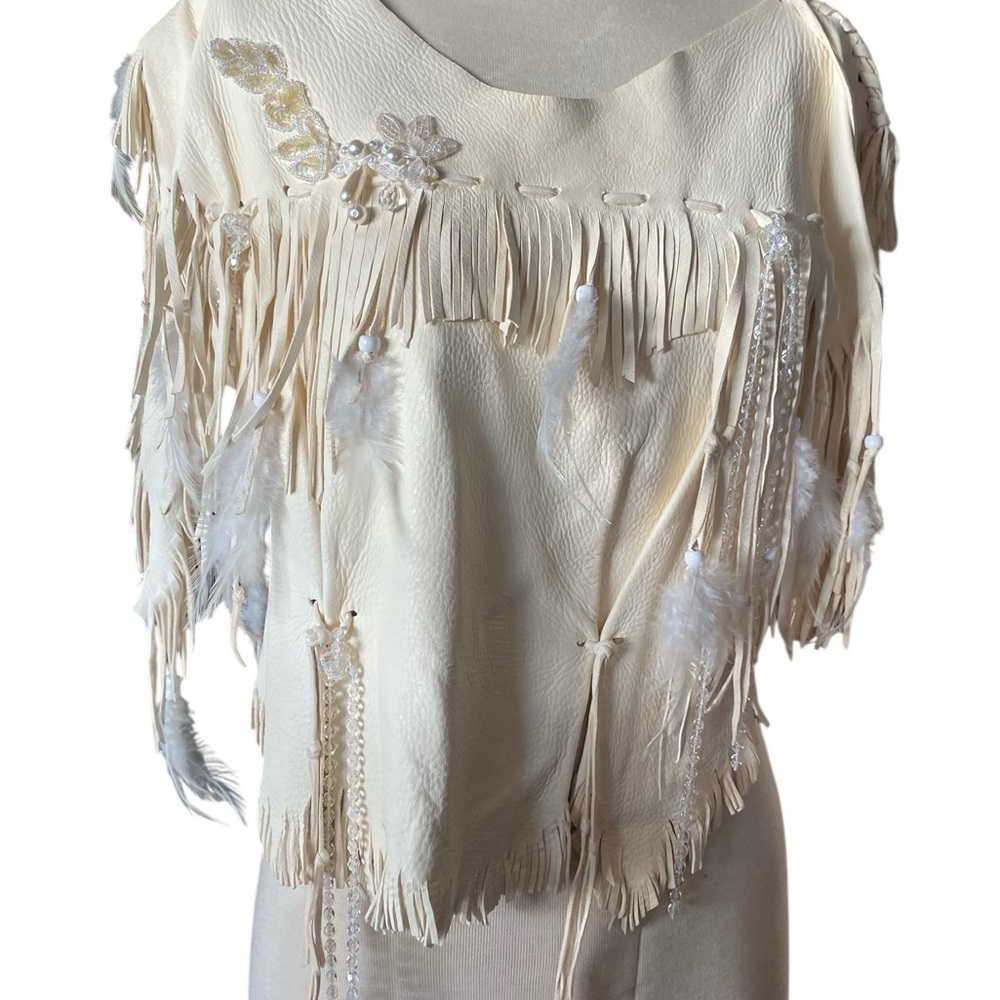 Vintage Leather Cream Fringe Feathers Pullover boho festival biker hippy Top S